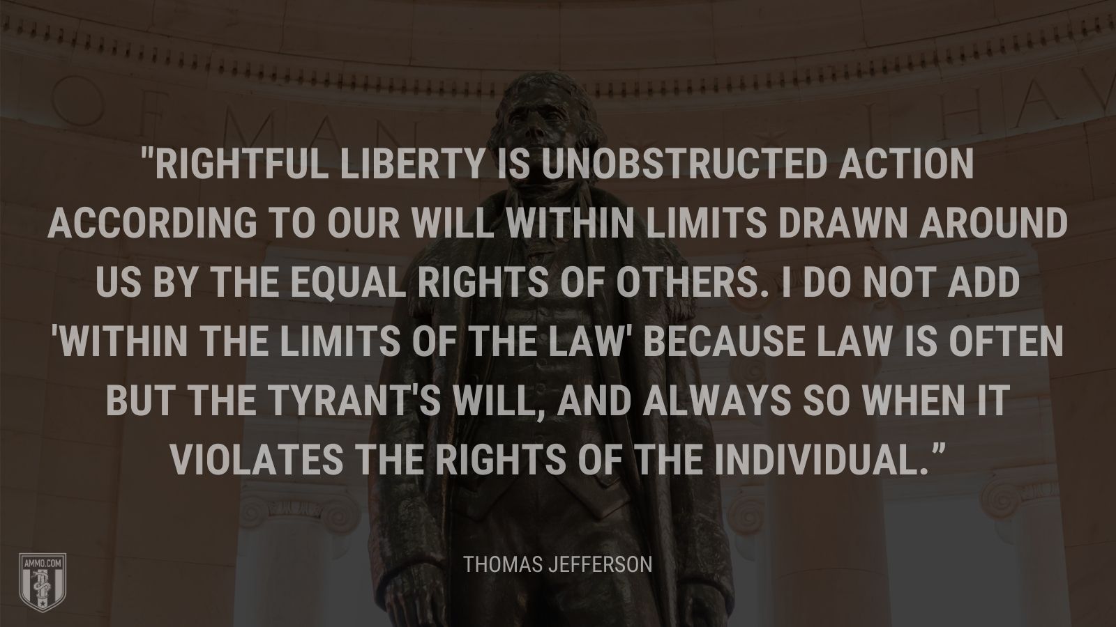 “Rightful liberty is unobstructed action according to our will within limits drawn around us by the equal rights of others. I do not add 'within the limits of the law' because law is often but the tyrant's will, and always so when it violates the rights of the individual.” - Thomas Jefferson