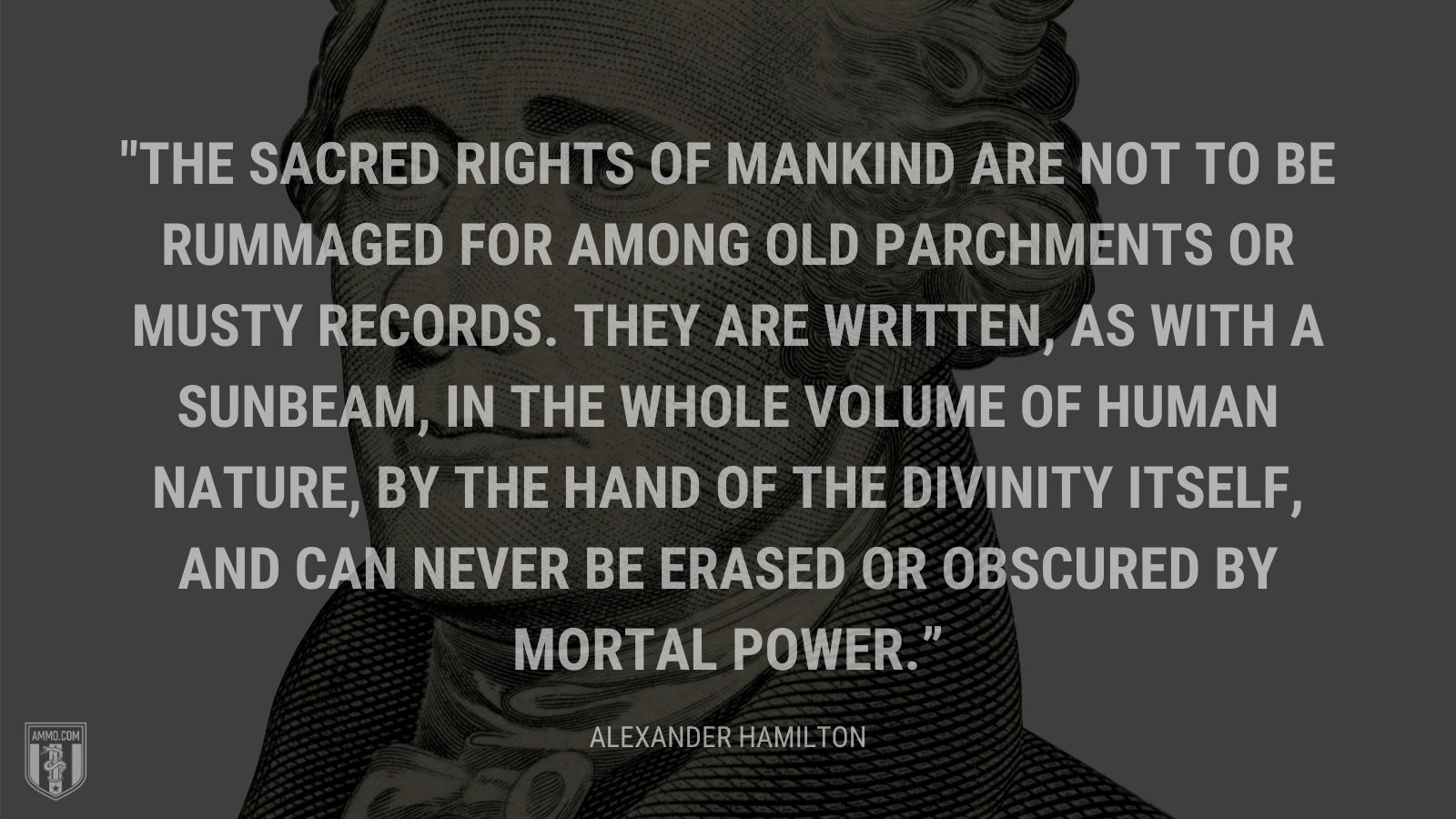 “The sacred rights of mankind are not to be rummaged for among old parchments or musty records. They are written, as with a sunbeam, in the whole volume of human nature, by the hand of the divinity itself, and can never be erased or obscured by mortal power.” - Alexander Hamilton